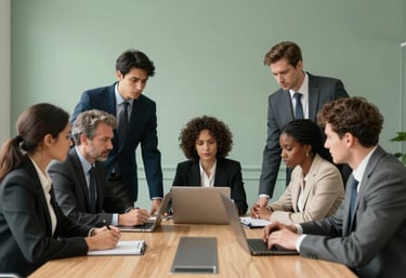 A team of diverse professionals in business attire collaborating in a modern conference room with sage green decor.