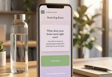 Smartphone displaying a perimenopause brain fog reset app on a wooden desk with a water bottle.