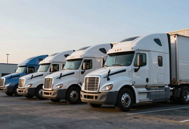 A line of heavy-duty semi-trucks at a logistics terminal during a clear morning in North America, highlighting reliability and transportation.