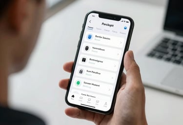 An over-the-shoulder shot of a person using a high-resolution security app on a mobile device in a modern, light-filled office. The interface is clean and professional.