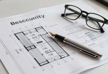 A professional blueprint of a building security layout spread across a clean desk. A high-end fountain pen and a pair of spectacles rest on the paper. North American office setting.