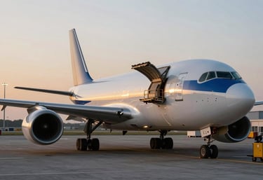 A modern cargo airplane being loaded at a logistics hub at dusk, golden sunlight reflecting off steel blue surfaces, minimalist style.