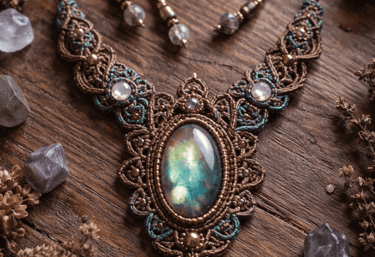 Collar de macramé hecho a mano con una piedra de labradorita brillante sobre una superficie rústica