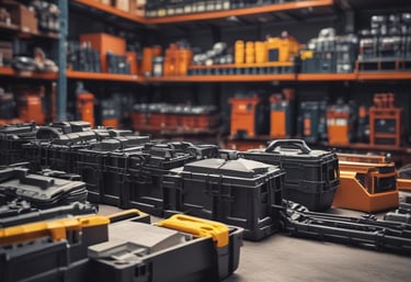 Close-up of sturdy plastic utility parts arranged on a workbench.