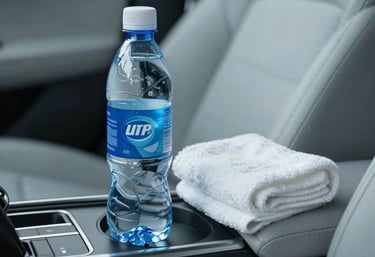 Amenities inside the car, including a bottle of mineral water and a clean towel in the center console. Soft, premium lighting in light gray-blue tones.