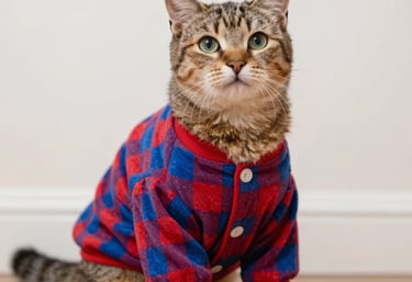 Un gato atigrado con una camisa de franela a cuadros rojos y azules sentado en un suelo de madera.