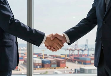 Two business professionals shaking hands firmly in a bright, modern high-rise office overlooking a cargo terminal, international corporate business.