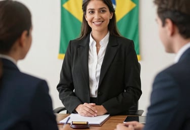 A professional lawyer consulting with a client in a modern office setting.