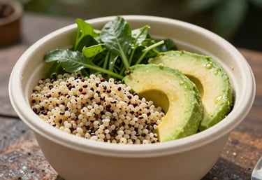 A beautiful close-up of a healthy bowl with quinoa, avocado, and fresh greens in a compostable bowl, soft morning light in a Brazilian outdoor garden.