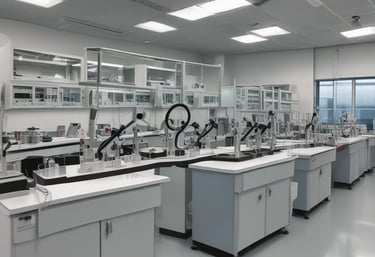 A team of scientists and engineers analyzing biogas digester samples in a bright laboratory.