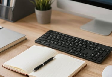 A small business owner happily working on their laptop with organized paperwork nearby.