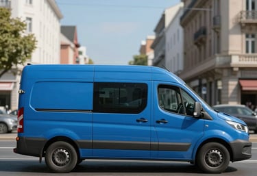 A side view of a modern blue delivery van navigating a clean city street in Western Europe. The background is a slightly blurred urban architecture under a clear blue sky.