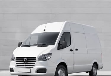 Delivery van speeding through a European city street.