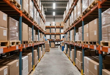 Warehouse worker organizing bakery raw materials on pallets.