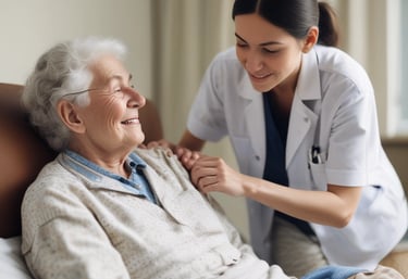 A warm caregiver gently holding an elderly woman's hand in a cozy living room.