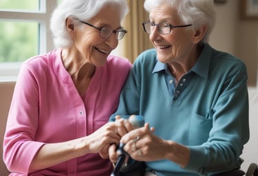 A caregiver sharing a warm smile while sitting with an elderly woman in a cozy living room.