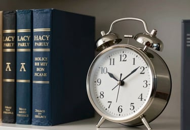 Photography of a clean office bookshelf with Law and Finance books and a Silver desk clock in a professional North American corporate office.