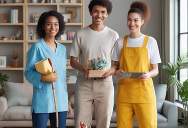 A stylish flat lay of cleaning supplies, a personal shopper bag, and a laptop showing bookkeeping software.