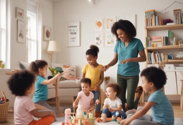 A warm, inviting home setting with a caregiver interacting kindly with a child.