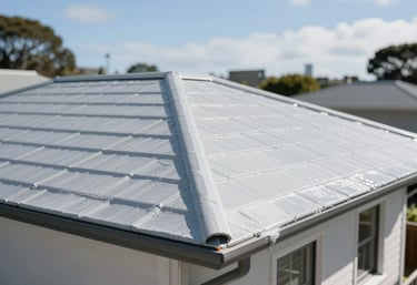 A professional shot of a residential roof being painted with specialized coating, looking clean and uniform under bright Auckland sunlight.