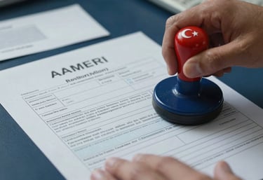 A detailed shot of official immigration forms being stamped in a Turkish office, symbolizing authority and legal compliance. The colors are dominated by navy blue and soft gray.