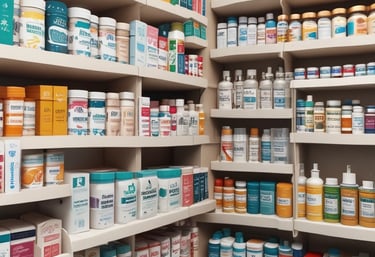 A pharmacist carefully organizing medicine boxes on shelves in a clean, bright pharmacy.
