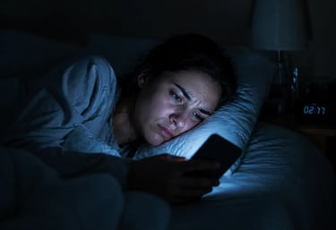 An anxious woman with insomnia lies in bed in the dark looking at her smartphone screen.
