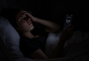 A woman struggling with insomnia looks at her smartphone clock at 3:17 AM in a dark bedroom.