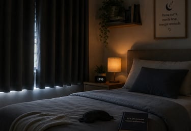 Cozy dark bedroom interior with a warm lamp, sleep mask, and book for relaxing nap time.