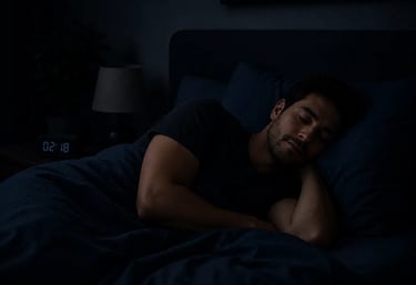 A man sleeping peacefully in a dark bedroom at night with a digital alarm clock on the nightstand.