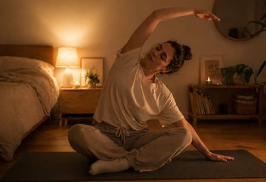 A woman doing a seated side stretch yoga pose on a mat in a dimly lit, cozy bedroom.