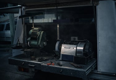 Mobile knife sharpening truck tailgate setup with Tormek T-8 sharpening system