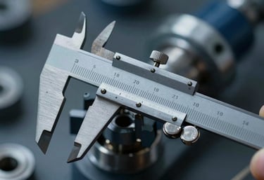 Steel calipers measuring a precision-machined industrial component, industrial grey and deep blue #1E3A4D tones, professional photography.
