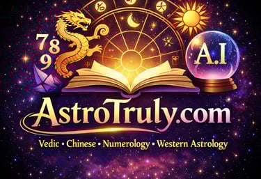 AstroTruly logo with mystical zodiac symbols, a golden dragon, and crystal ball on a galaxy background.