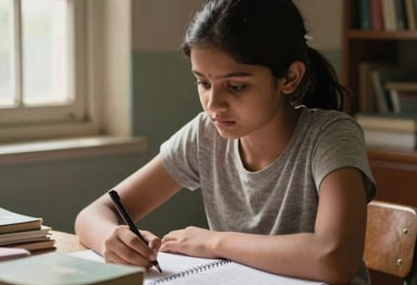 A professional photograph of a young South Asian / Indian woman in a modern workshop setting, learning new technical skills. The environment is bright and inspiring, with warm orange tones in the background and a focus on empowerment.