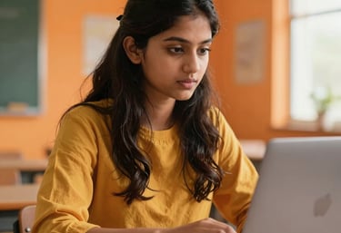 A detailed shot of a young South Asian / Indian woman learning on a laptop in a vibrant, orange-themed classroom. Her expression is focused and inspired, symbolizing progress and modern skill development.