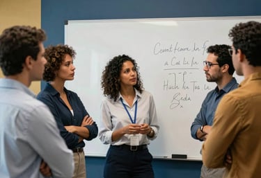 A dynamic workshop scene in Brazil with a group of South American professionals in business casual attire engaging in a discussion around a white board, medium blue and gold accents in the room.