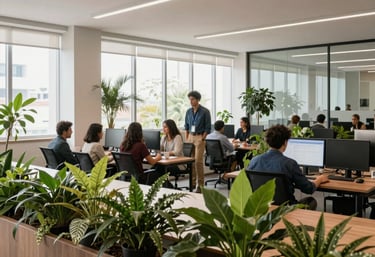 A wide shot of a contemporary Brazilian office space with green plants and large windows, a professional team collaborating in the background, bright and inspiring mood.