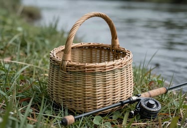 Detailed shot of a traditional wicker fishing basket and a fly fishing rod resting on the grassy bank of the river, in a palette of sage green and earth tones.