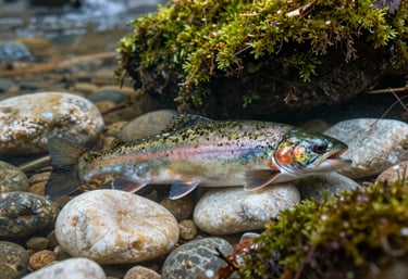 Submerged photography of a common trout swimming in clear river water over a bed of smooth soft off-white stones and dark forest green moss.