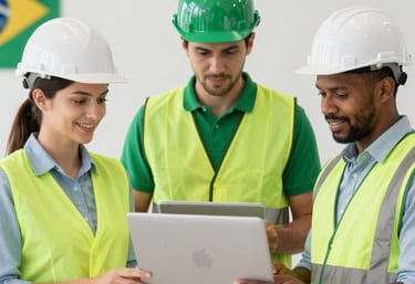 Close-up of safety gear and engineering blueprints on a desk.