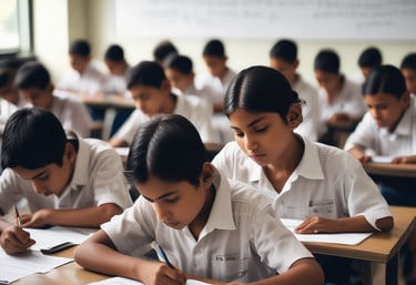 A friendly tutor explaining a math problem to a focused student in a bright classroom.