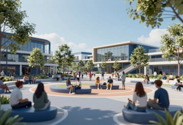 A vibrant community park or gathering space featuring modern architecture. The image uses #2C576C and #70A2B6 to show a thriving, resilient community.