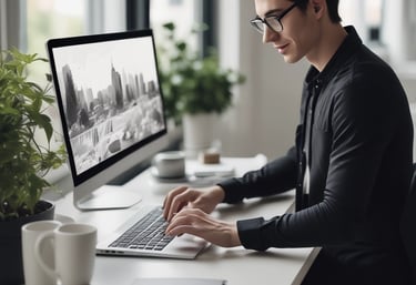A professional web designer working on a modern website layout on a laptop.