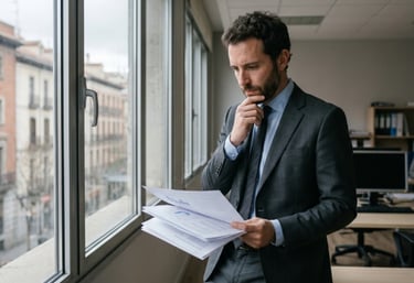 Directivo reflexionando sobre un problema operativo en su empresa