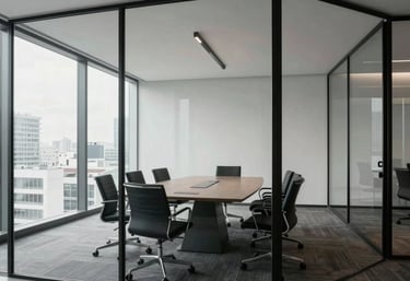 Interior view of a modern, minimalist glass meeting room in a high-rise office in a Spanish-speaking region. Clean and professional.