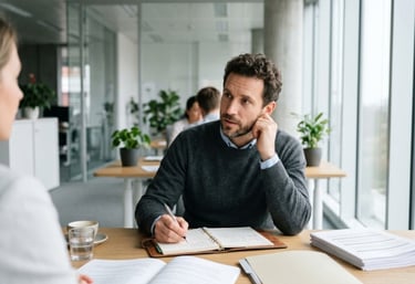 Profesional tomando notas durante reunión de análisis empresarial