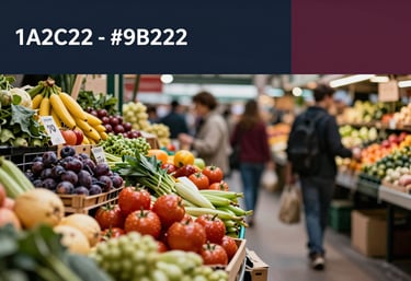 A bustling modern food market scene with focus on high-quality organic produce. Sophisticated, high-contrast, professional photography, #1A2C22 and #9B2226 colors present.