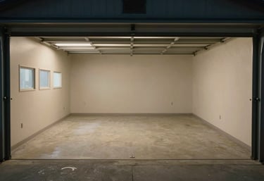 A wide shot of a completely empty and swept clean garage after a successful hauling job in North American / US - Bay Area, California.