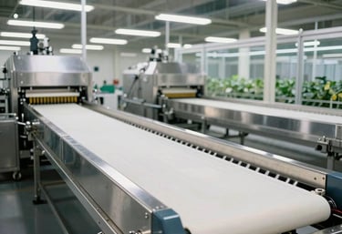 Interior of a high-tech agricultural sorting facility in the US, stainless steel surfaces, bright professional lighting, representing modern labor solutions.